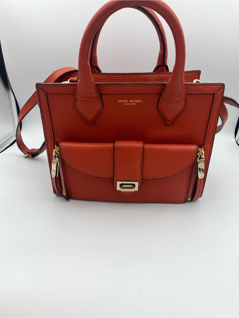 henri bendel Orange-Red Leather Satchel with Gold Hardware